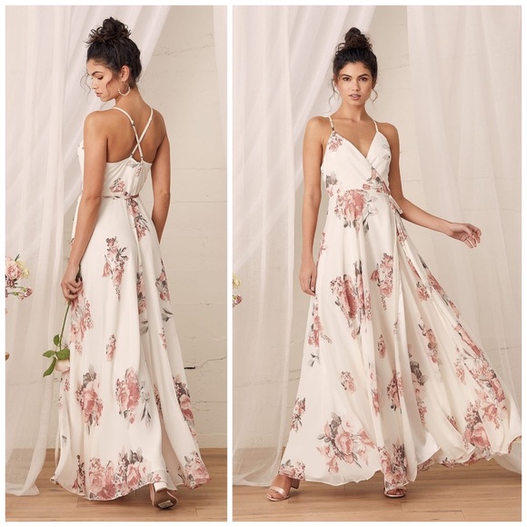 Lulus Elegantly Inclined Cream Floral Print Wrap Maxi Dress size xs - Picture 2 of 11